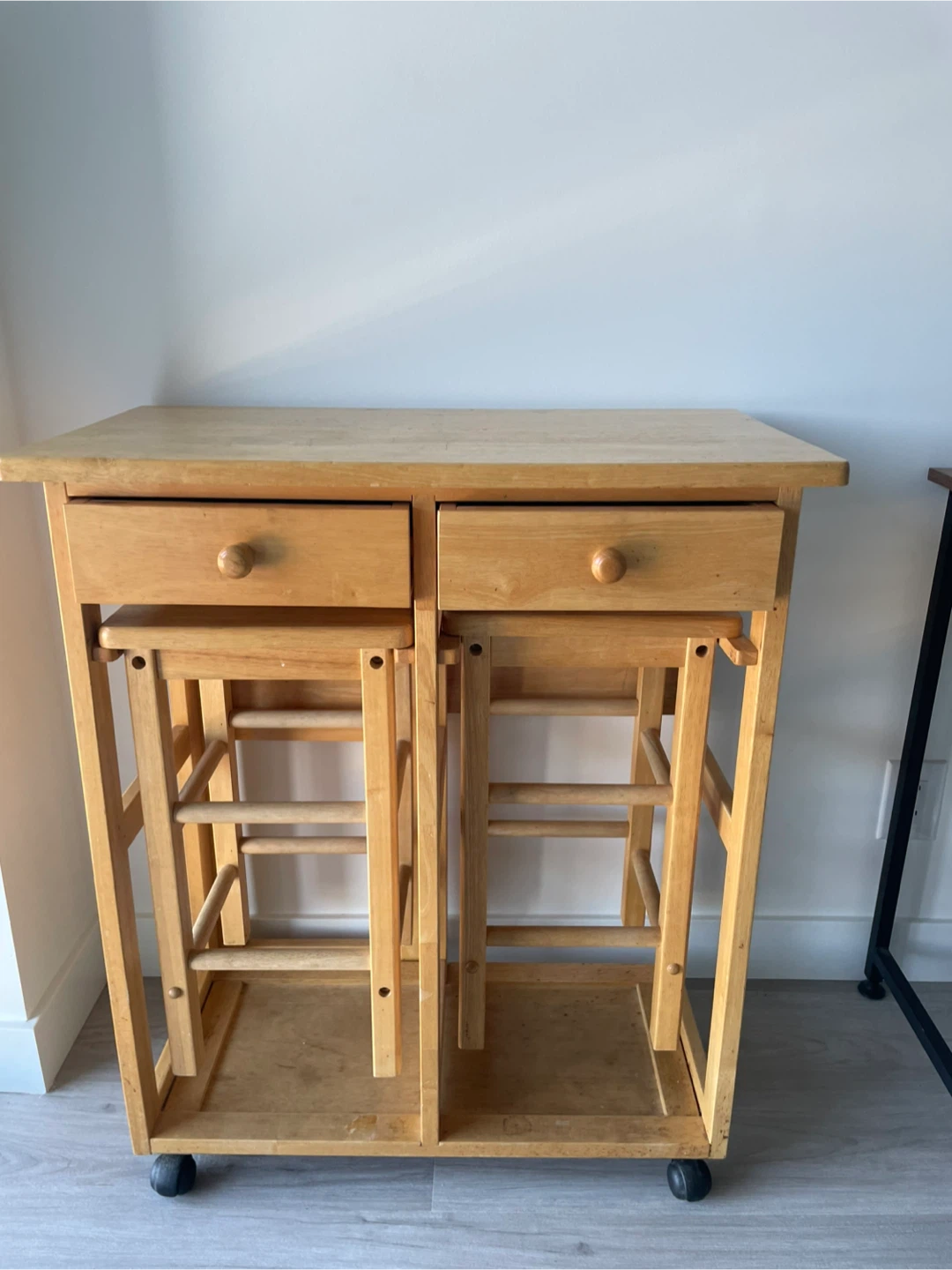 Wooden Kitchen Cart with 2 Stools and Drawers