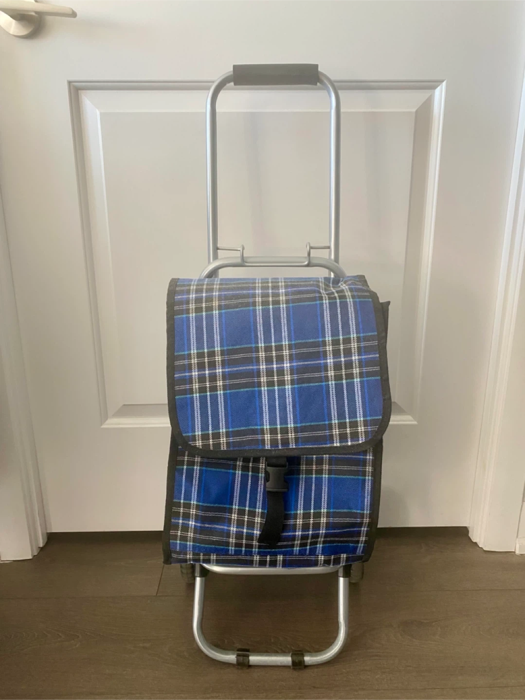 Blue Plaid Rolling Shopping Cart