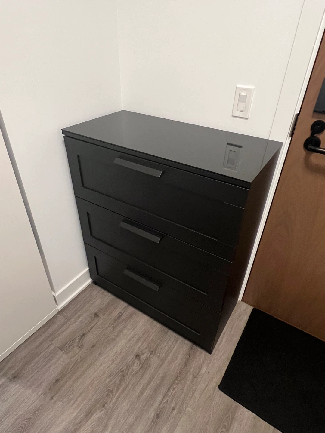 Black dresser with 3 drawers & glass top