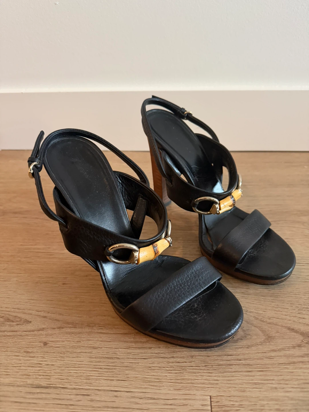 Gucci Black Leather Bamboo Accent Heeled Sandals Size 36.5