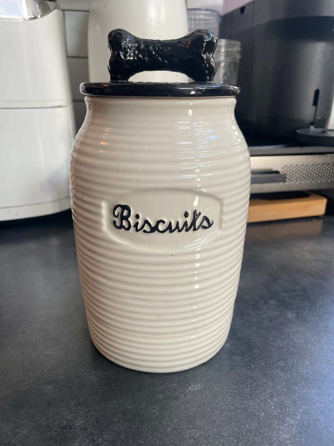 Ceramic dog treat "Biscuits" Jar with Black Lid