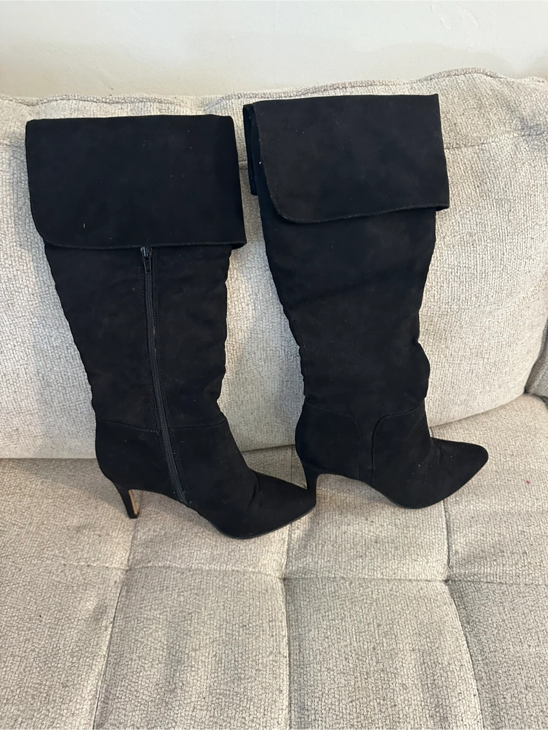 Black Suede Fold-Over Knee-High Boots