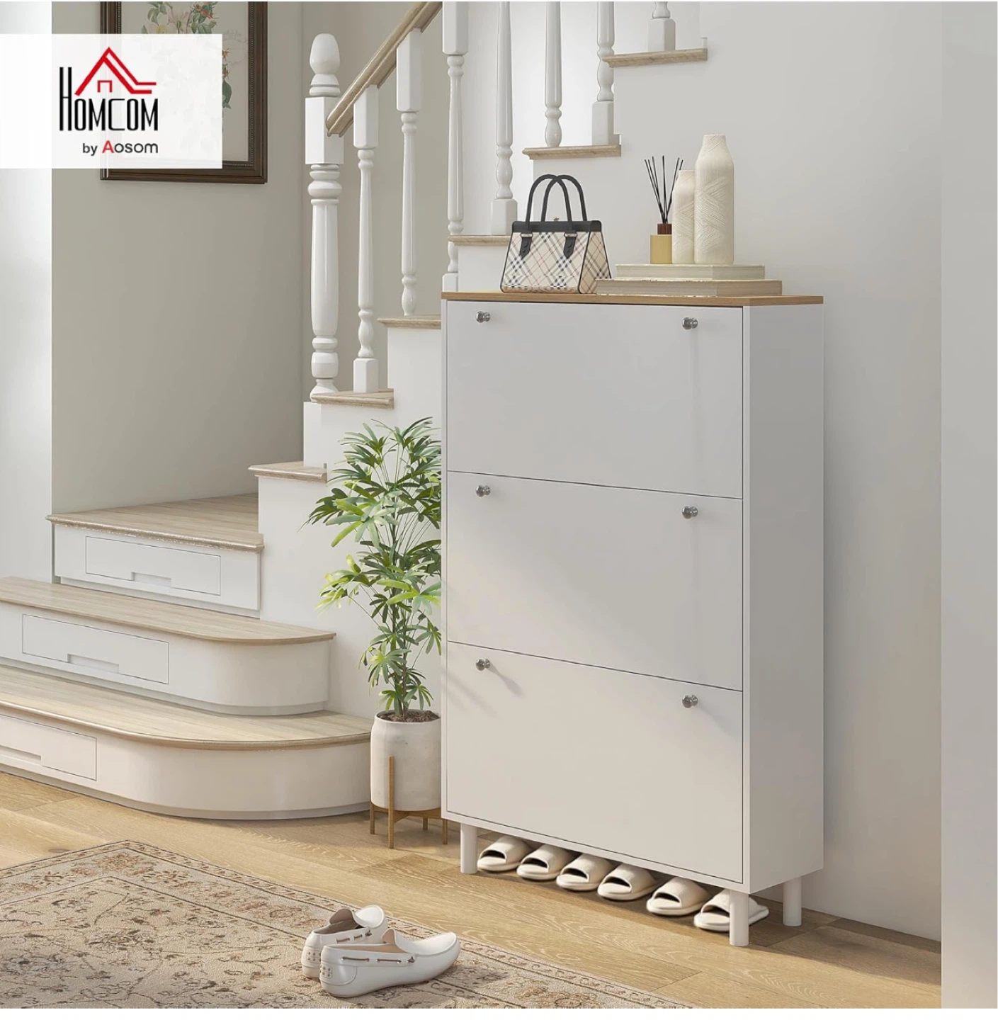 HOMCOM 3 Tier Flip Drawer Shoe Cabinet White