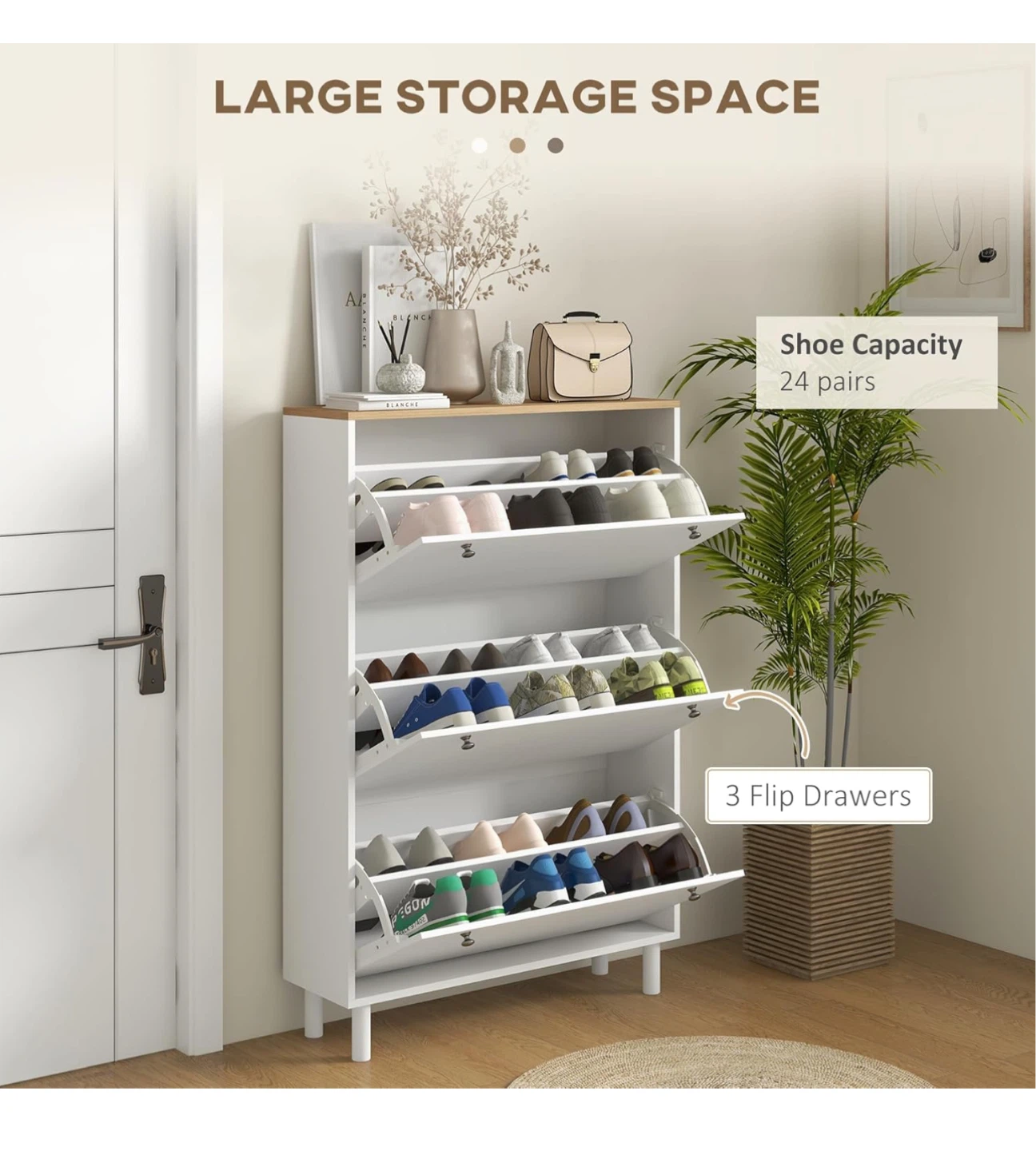 HOMCOM 3 Tier Flip Drawer Shoe Cabinet White - photo 3