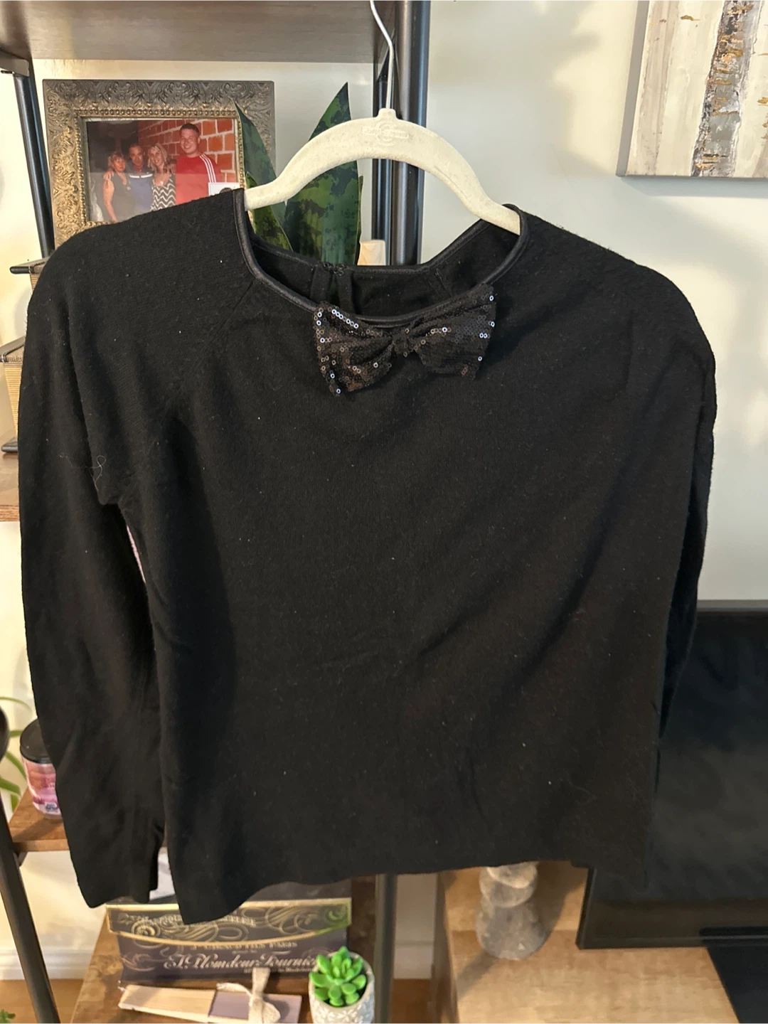 Black Long Sleeve Top with Sequin Bow