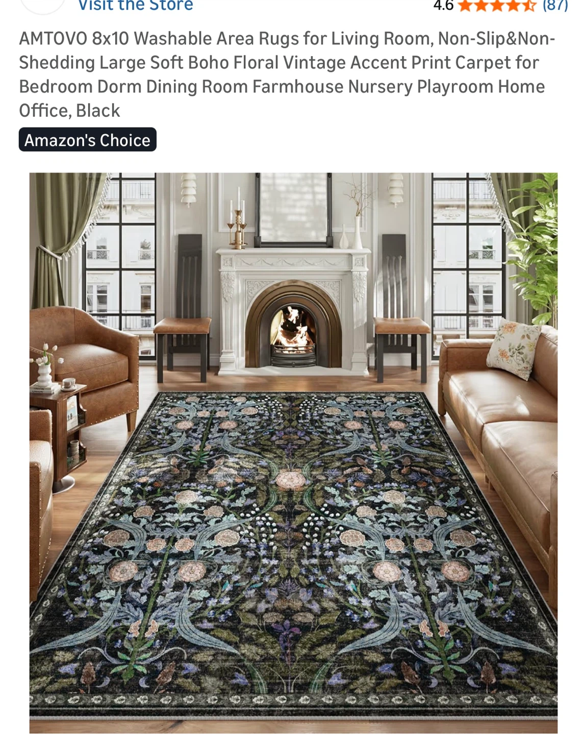 AMTQVO 8x10 Washable Area Rug - Black Boho Floral Vintage Accent - photo 2