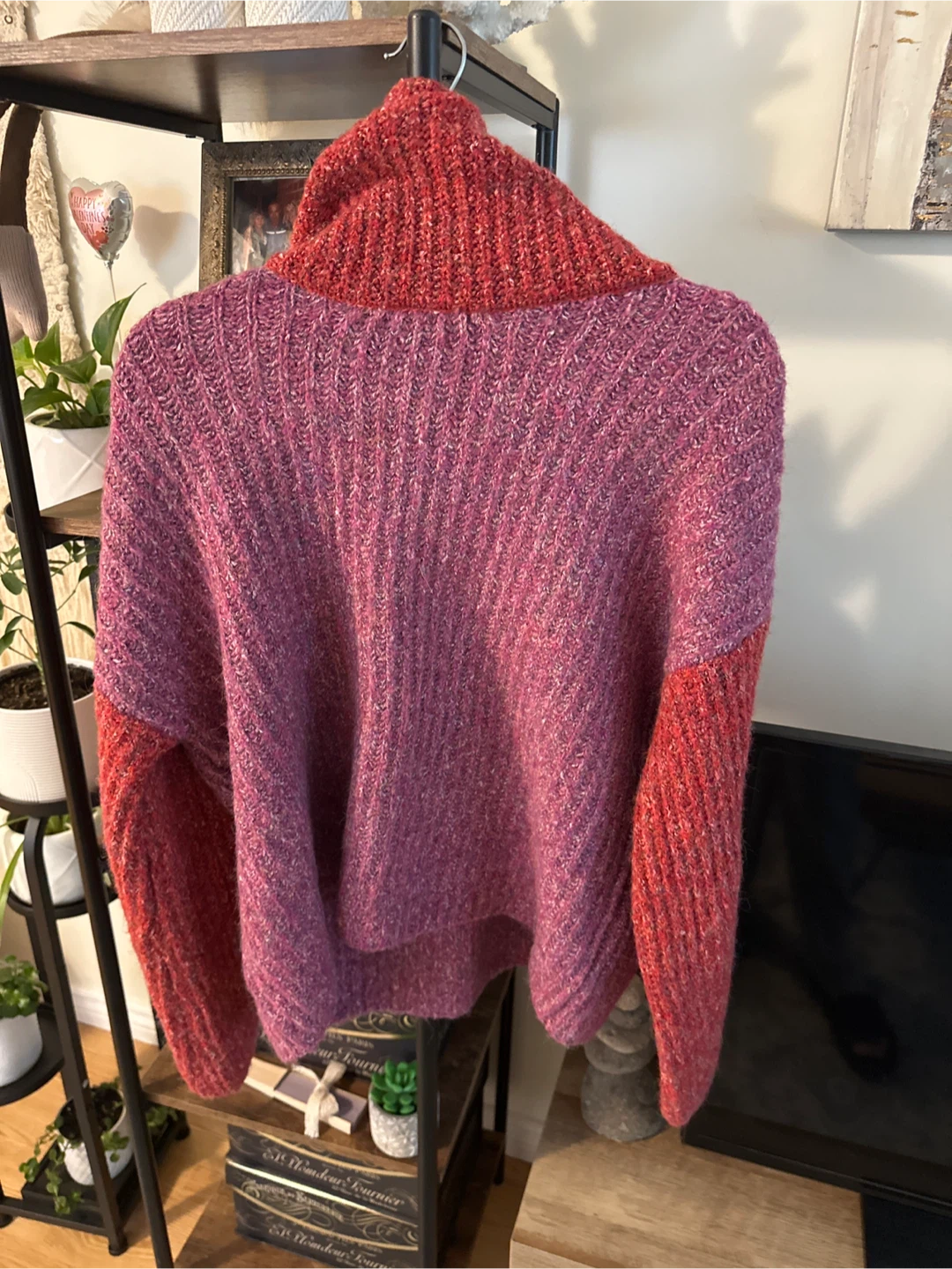 Chunky Knit Cowl Neck Sweater - Pink & Red