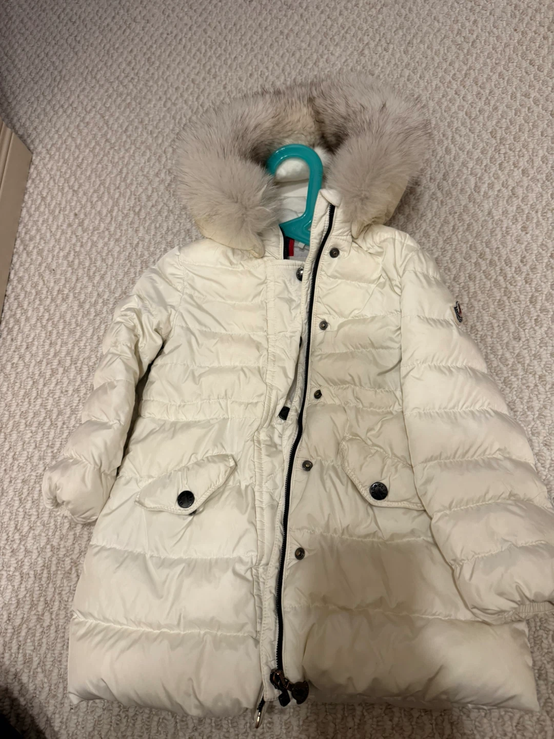 Moncler White Puffer Coat with Fur Hood