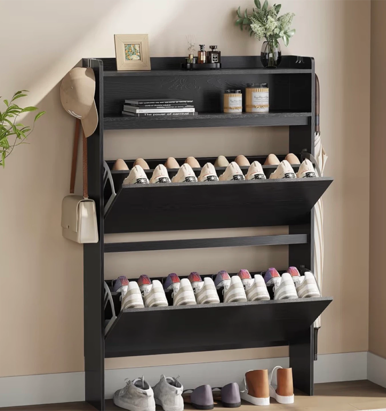 (Fully Assembled) Black 3-Tier Slim Shoe Cabinet with Storage