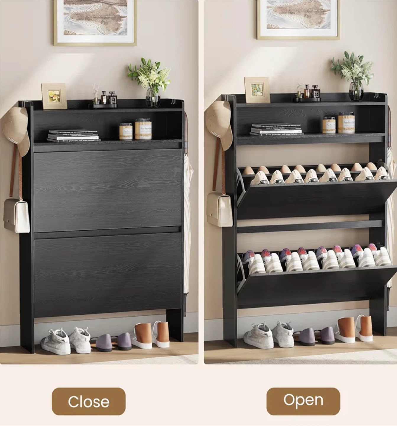 (Fully Assembled) Black 3-Tier Slim Shoe Cabinet with Storage - photo 2