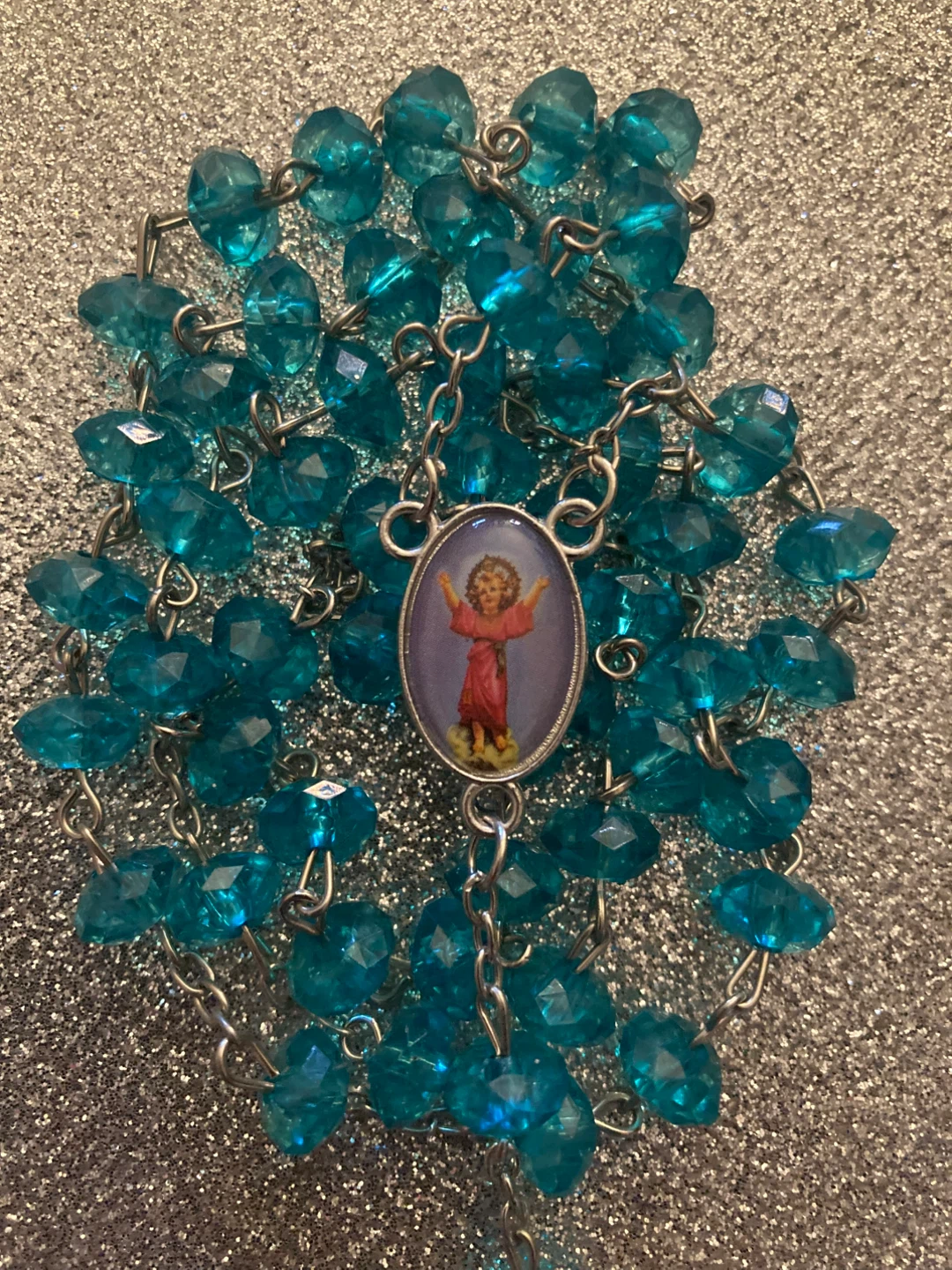 Aqua Blue Bead Rosary with ( Divino Niño Jesús) Centerpiece - photo 3