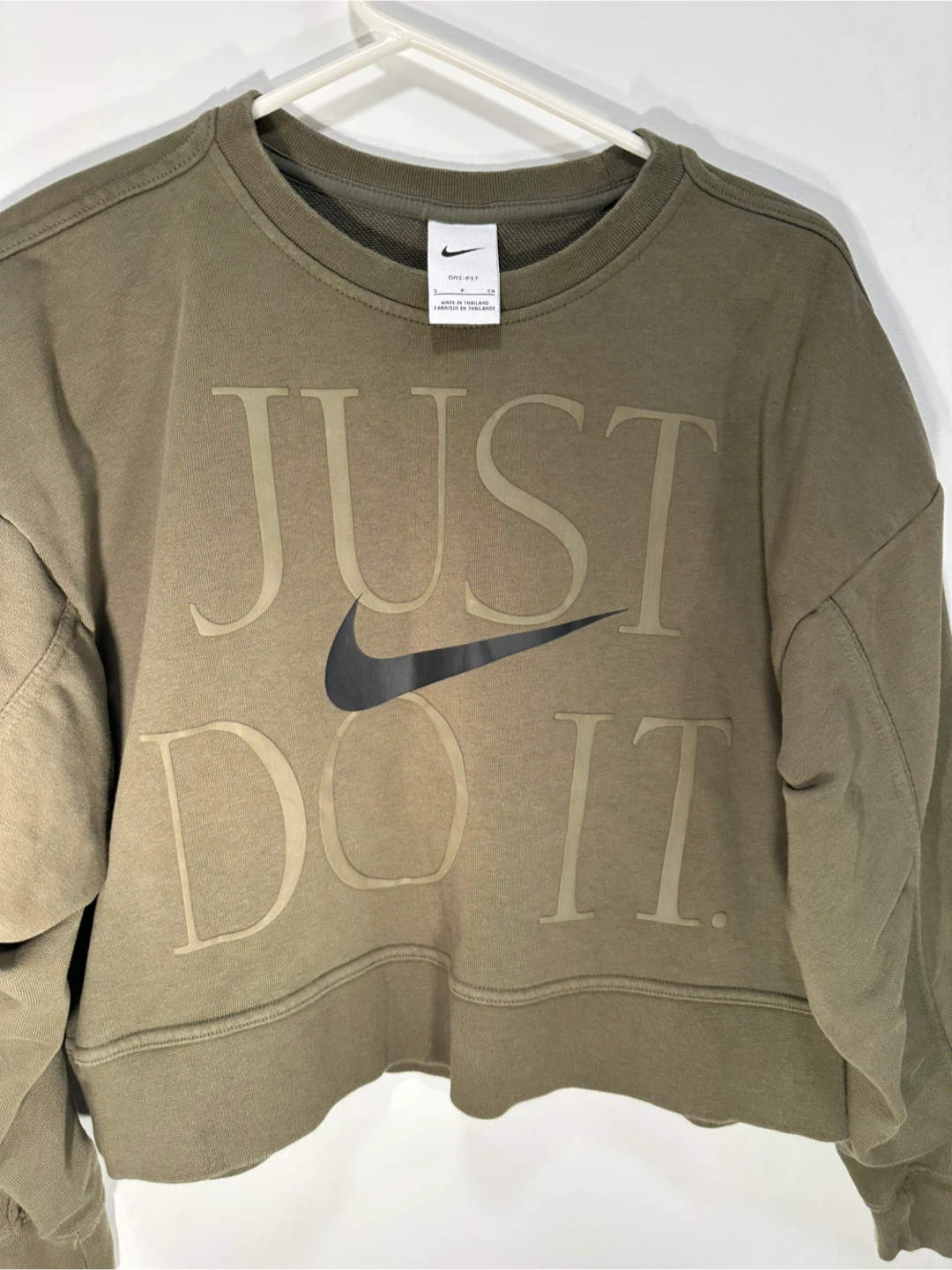 Nike Just Do It Cropped Crewneck Sweatshirt - Olive Green - photo 2