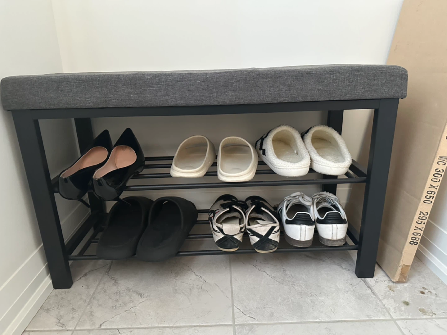 Dark Grey Upholstered Shoe Bench with Storage