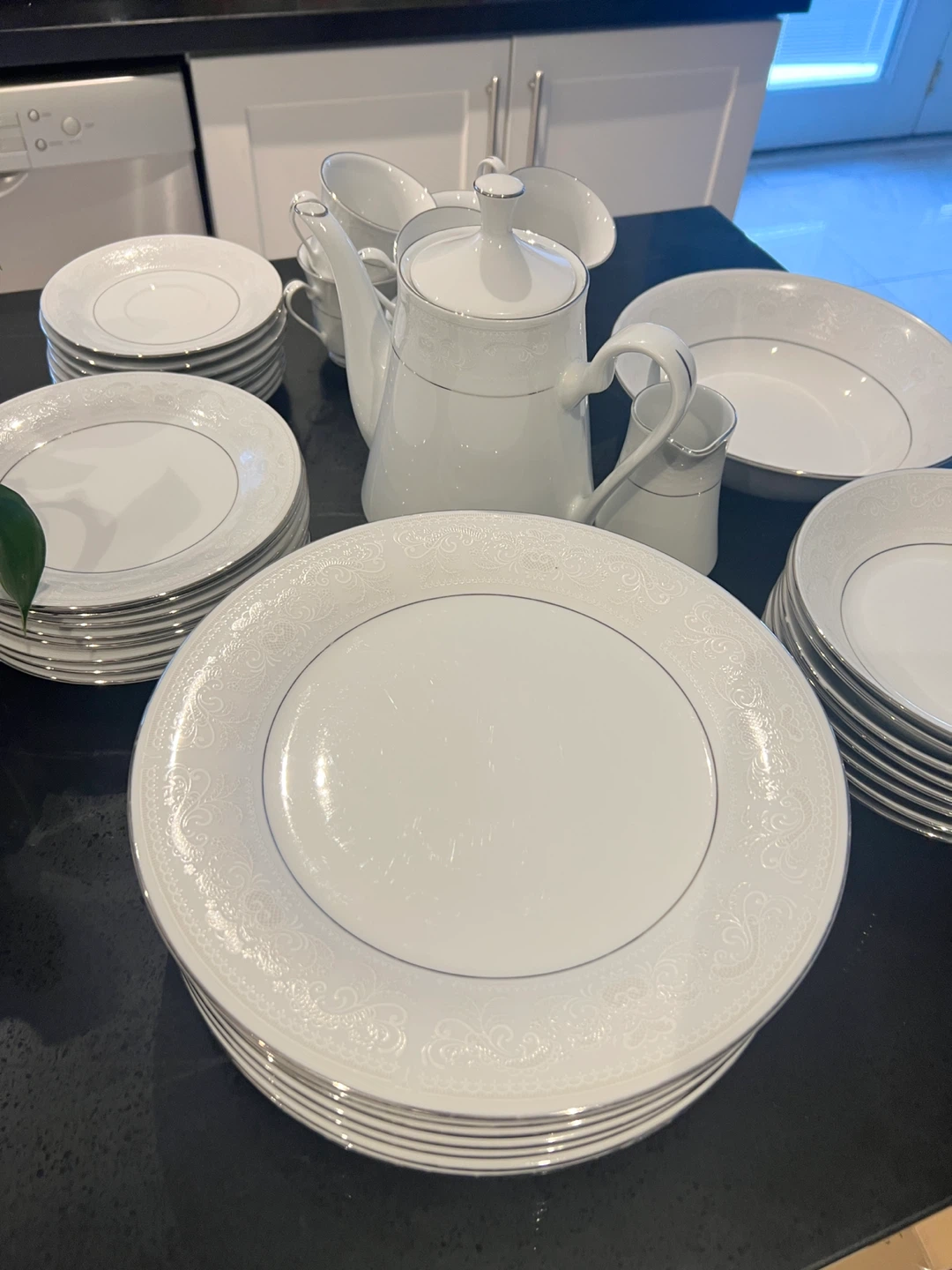 Bone China White Dinnerware Set with Silver Trim