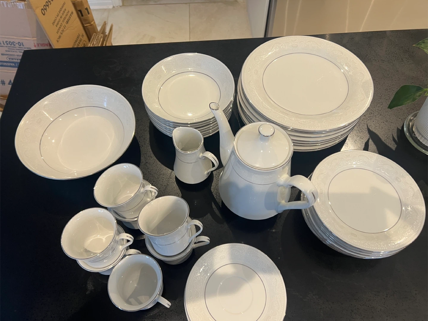 Bone China White Dinnerware Set with Silver Trim - photo 2