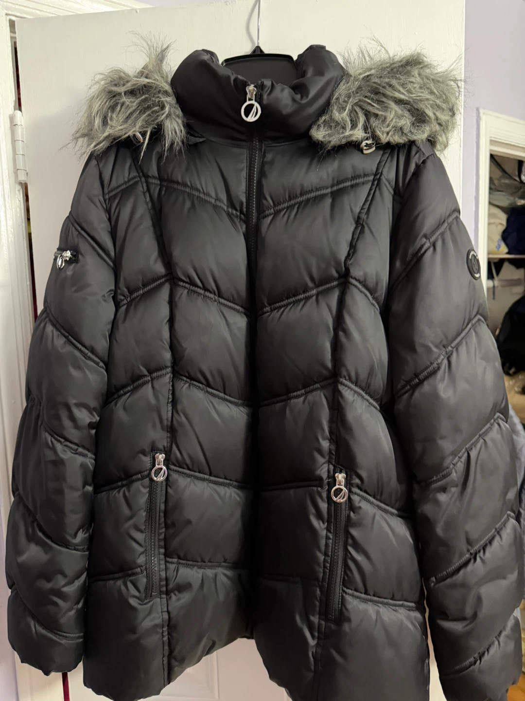Nautica Black Puffer Jacket with Faux Fur Hood