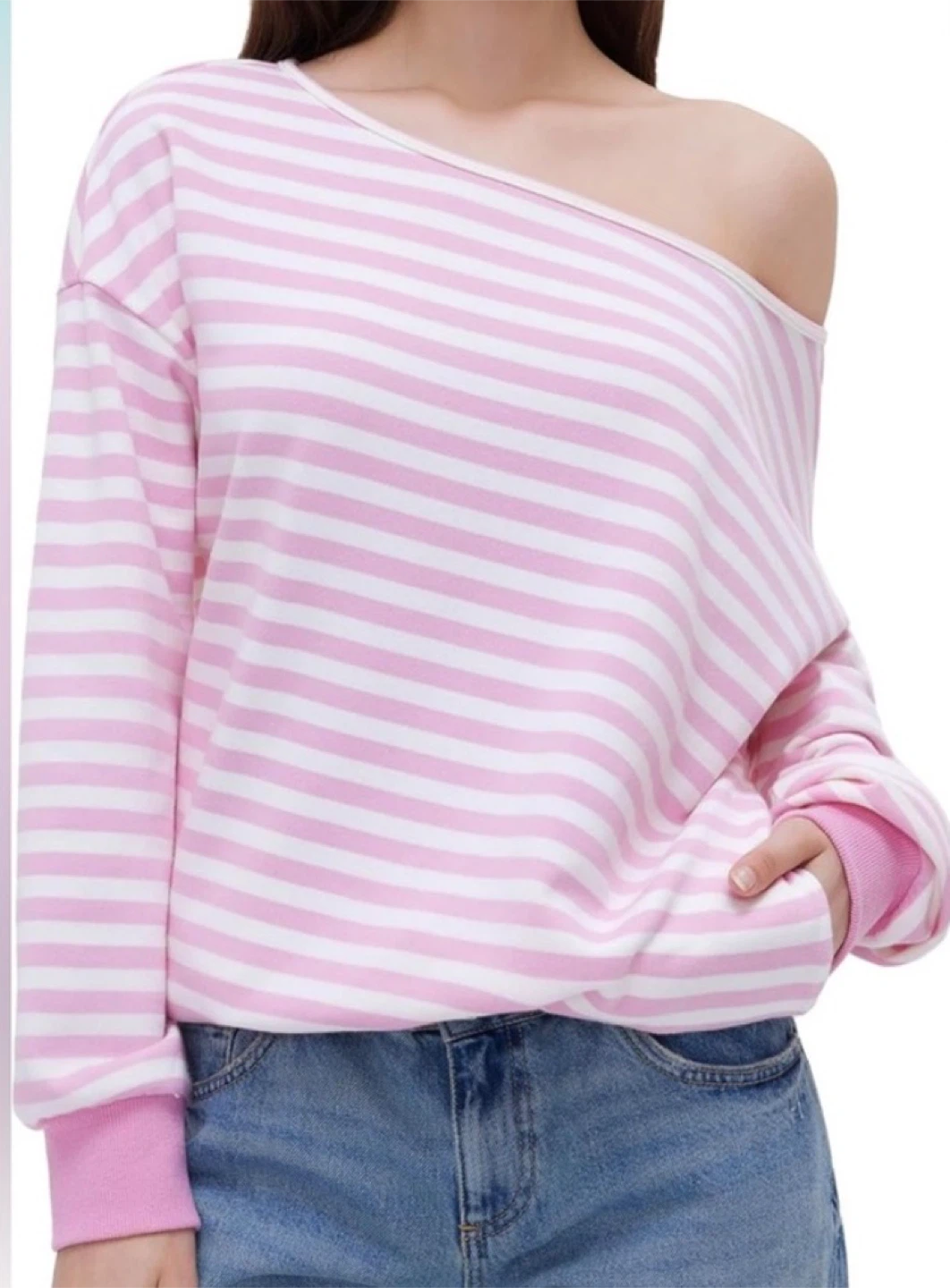 Pink and White Striped Off-the-Shoulder Sweatshirt - photo 3