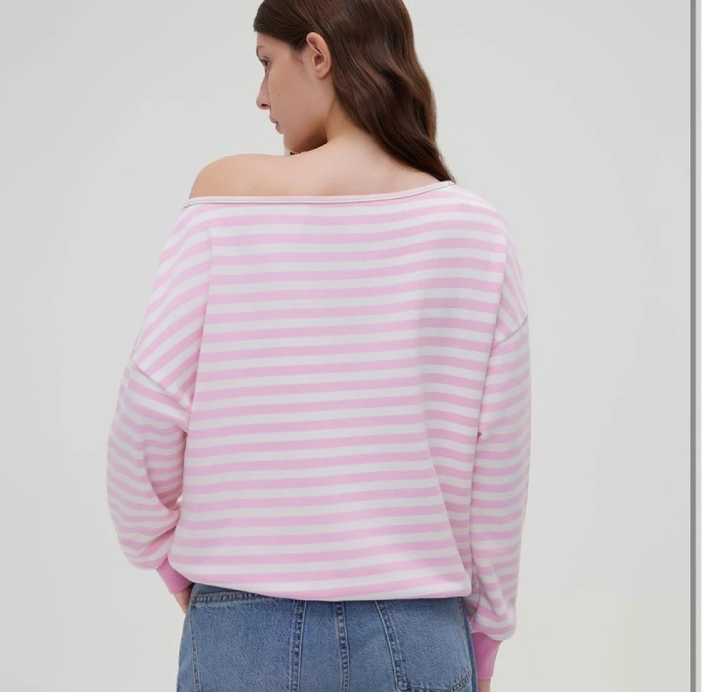 Pink and White Striped Off-the-Shoulder Sweatshirt