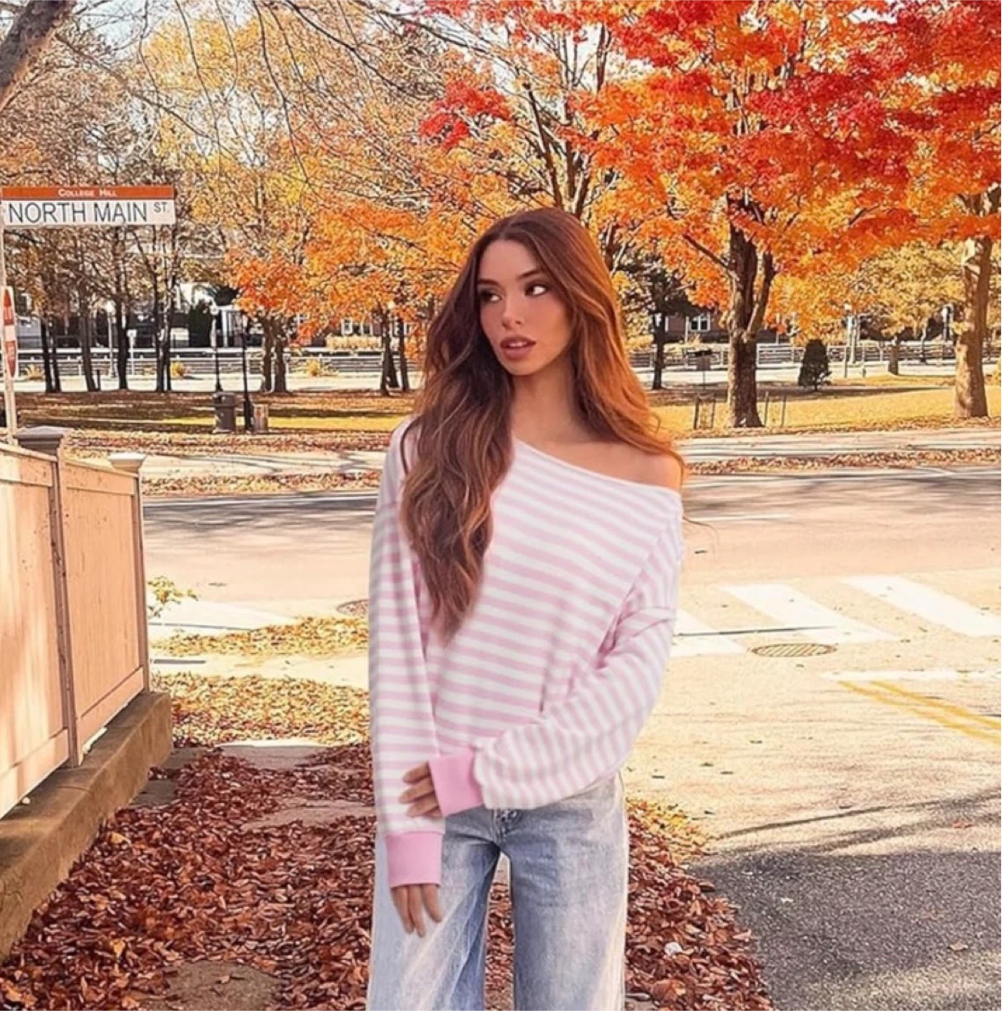 Pink and White Striped Off-the-Shoulder Sweatshirt - photo 5