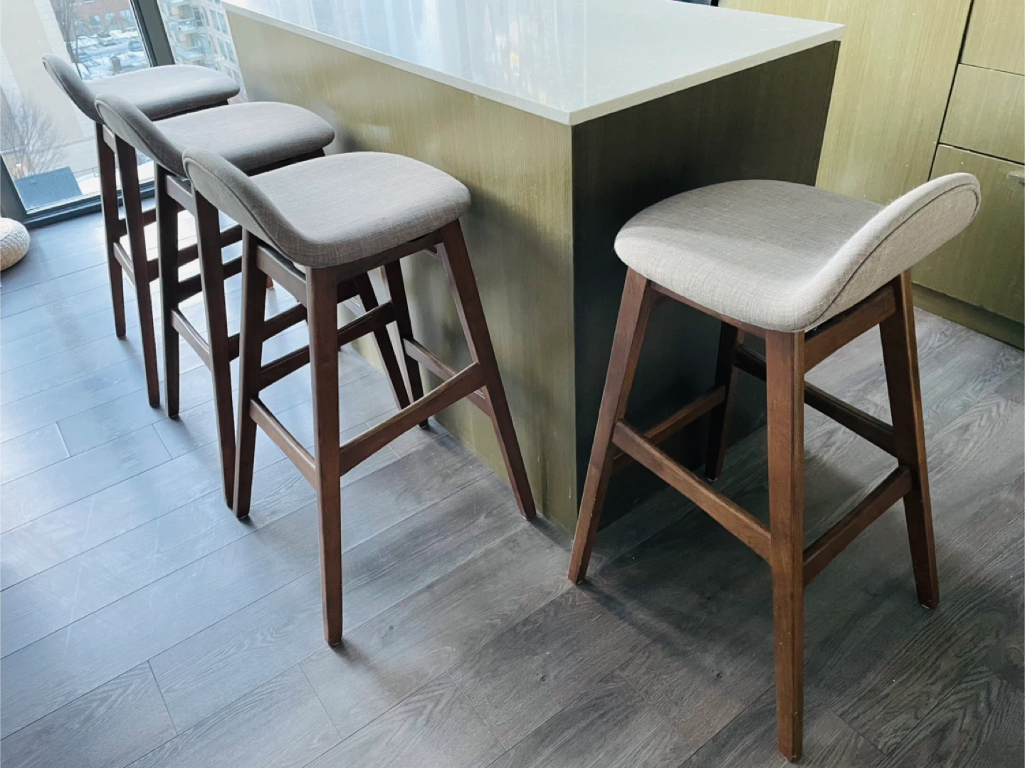 Set of 4 Grey Fabric Bar Stools with Wooden Legs