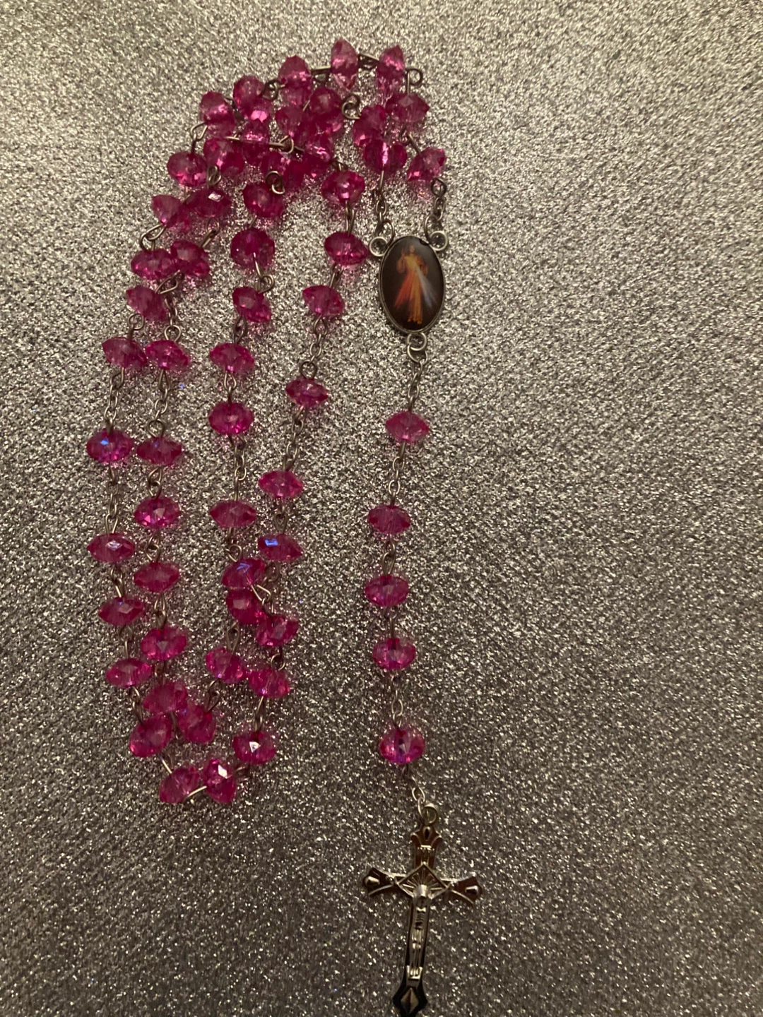 Pink Crystal Rosary Beads with Miraculous Medal Centerpiece