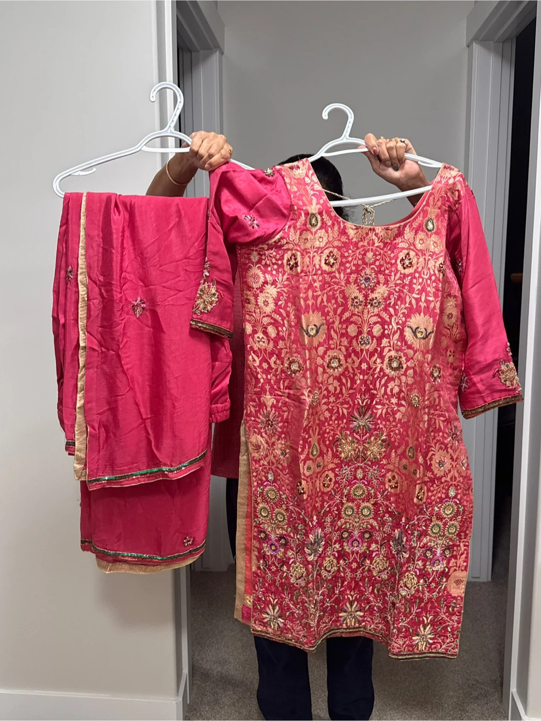 Pink Embroidered Kurti with Pants and Scarf