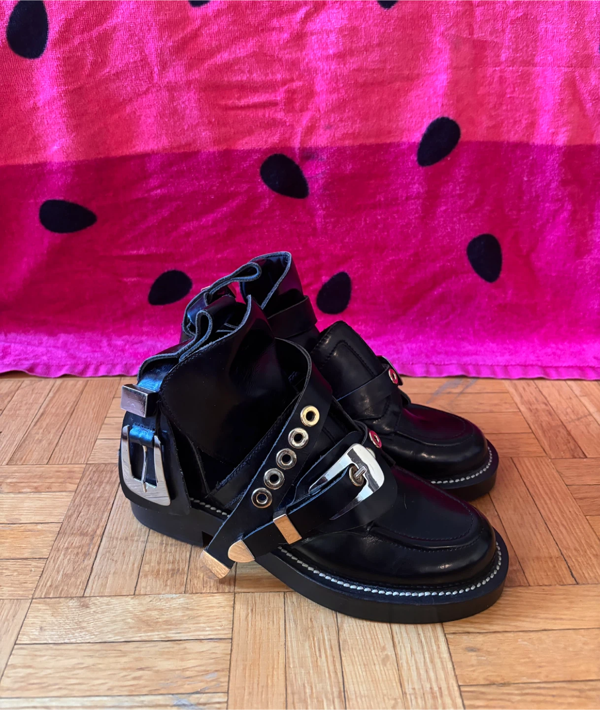 Balenciaga Black Leather Buckle Ankle Boots Size 36