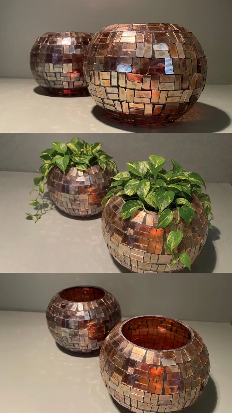 Vintage Mosaic Glass Candle/Plant Holder, Set of 2