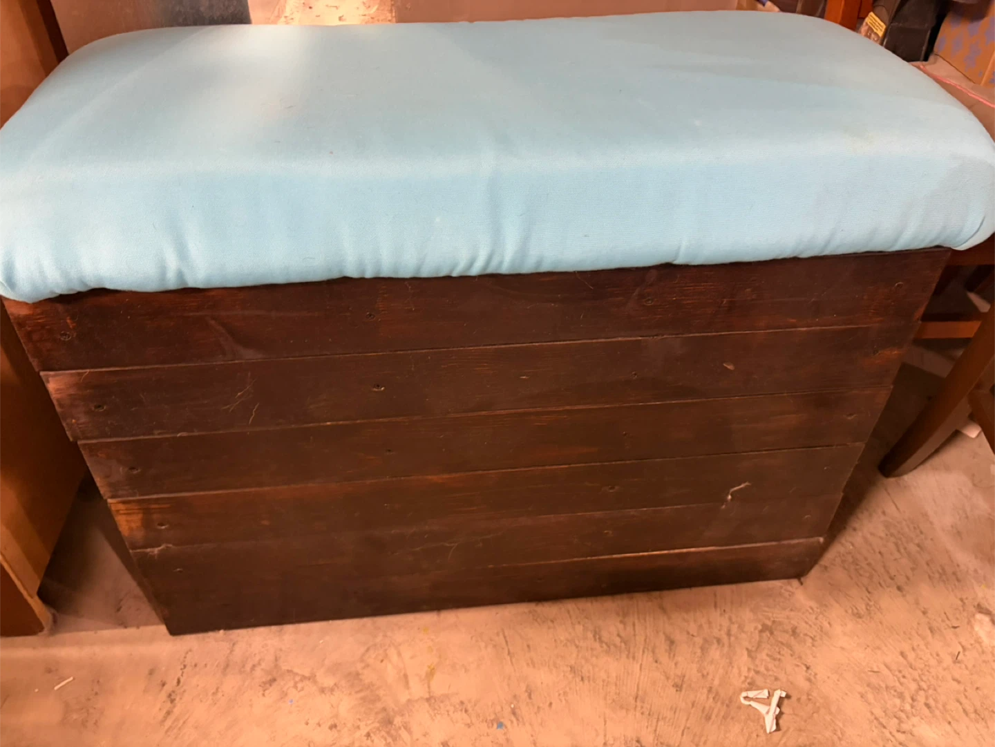 Wooden Storage Bench with Light Blue Cushion