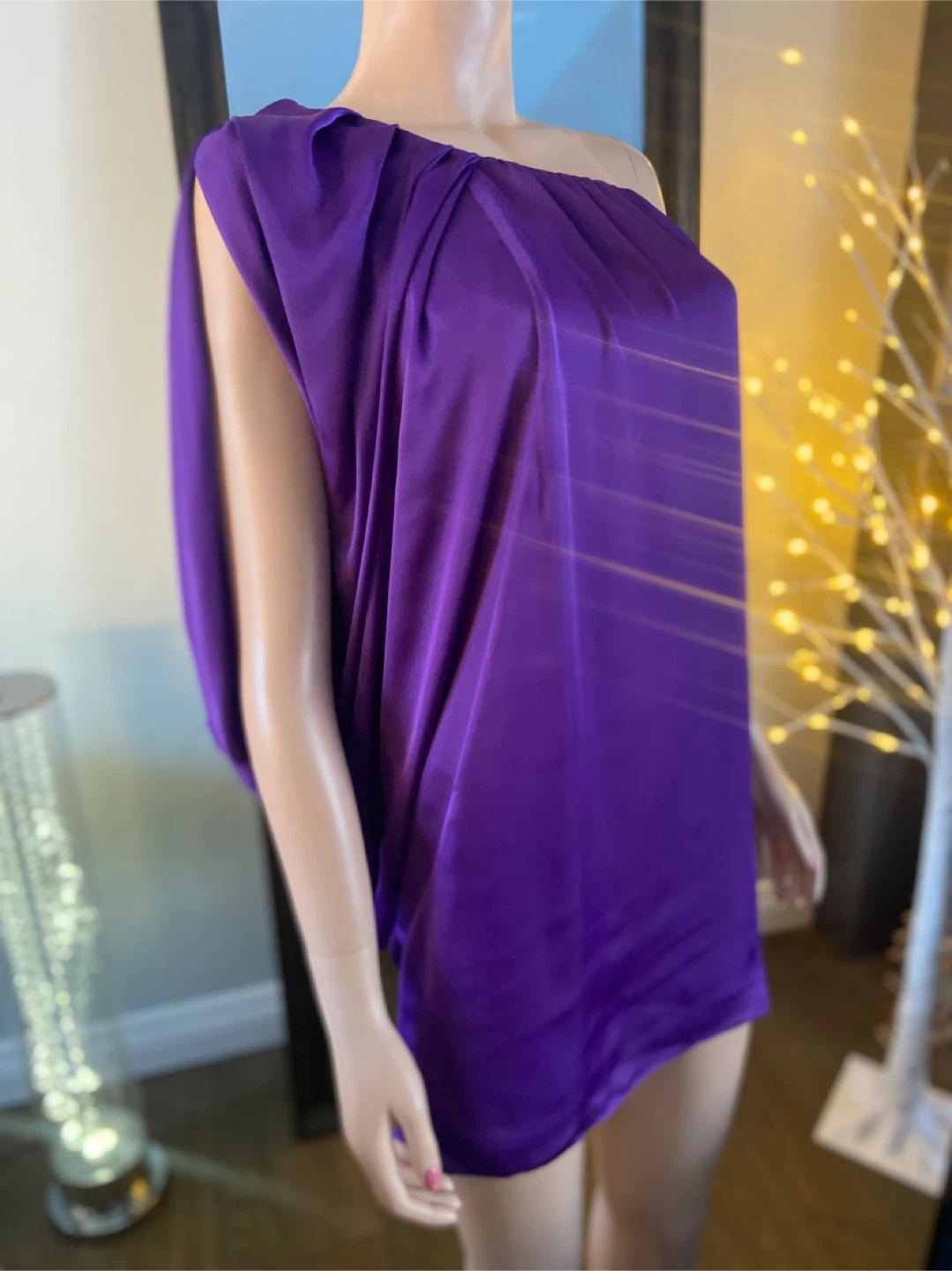 NWT: Aqua Asymmetrical Batwing Purple Satin Dress 4