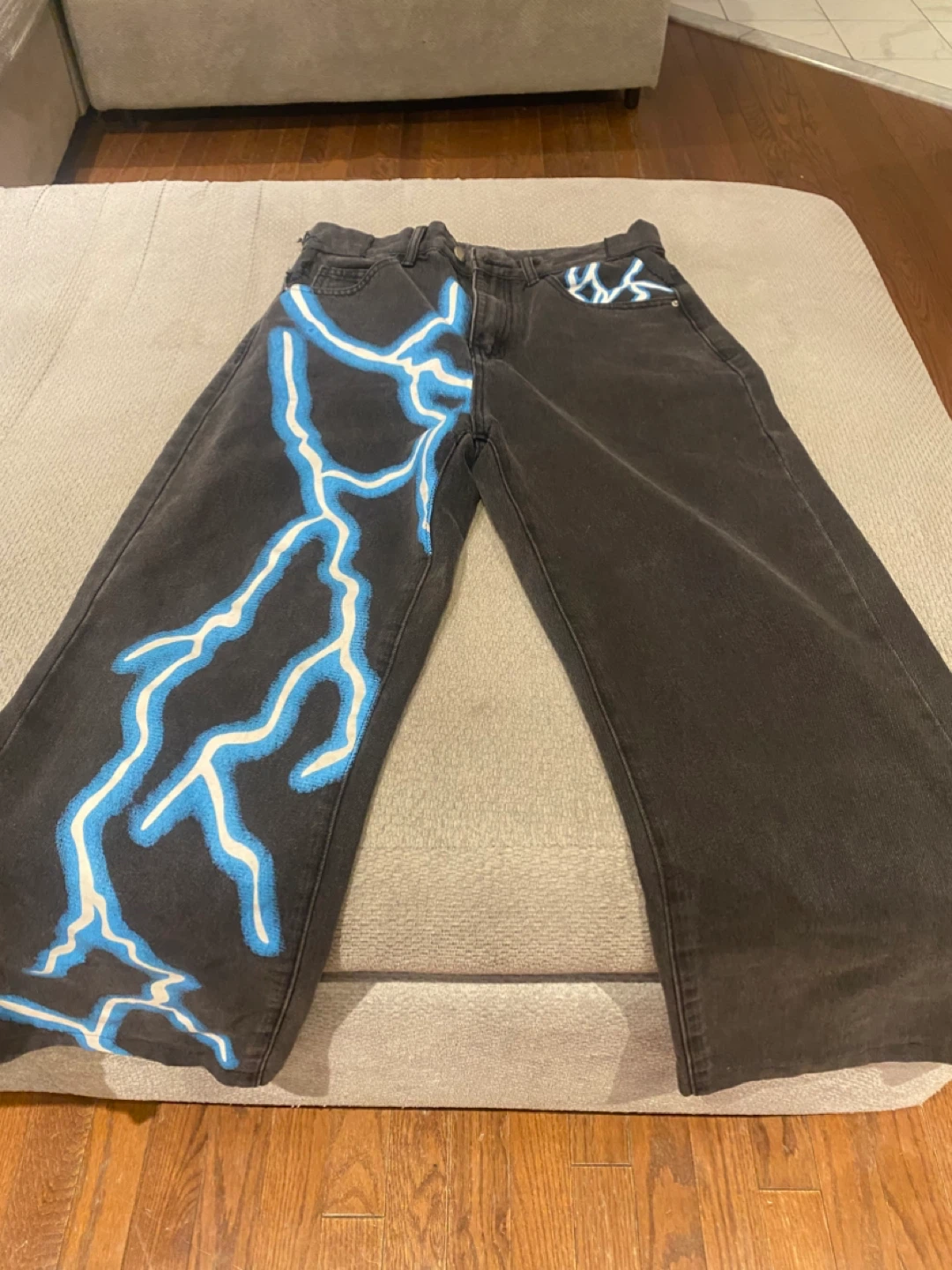 Custom Black Denim Jeans with Blue Lightning