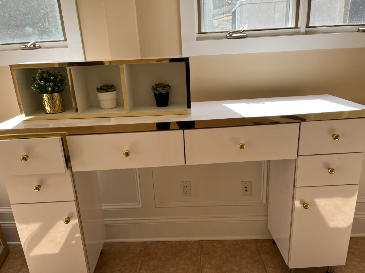 White Vanity Desk with Gold Accents and Storage