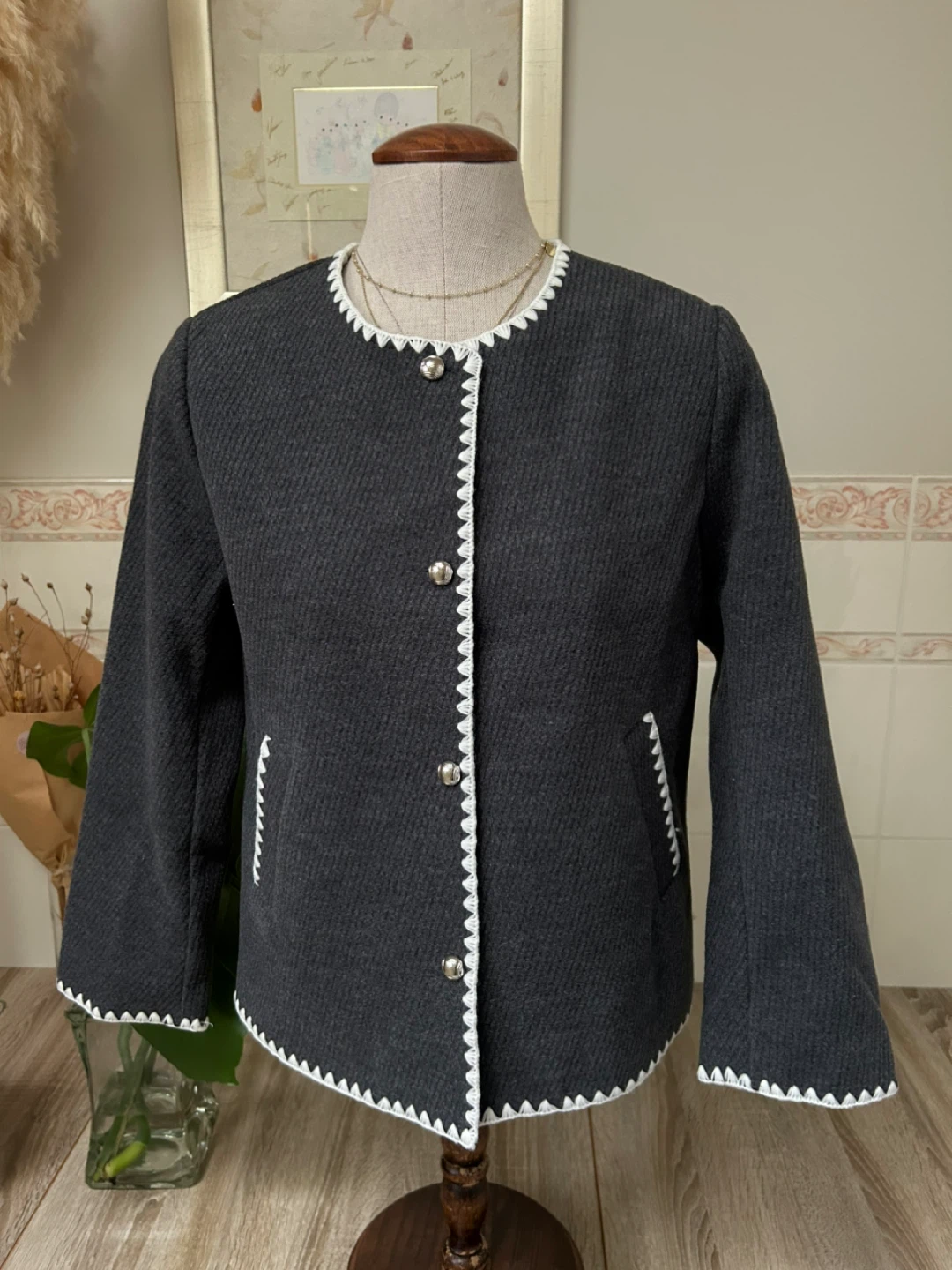 Dark Grey Jacket with White Trim