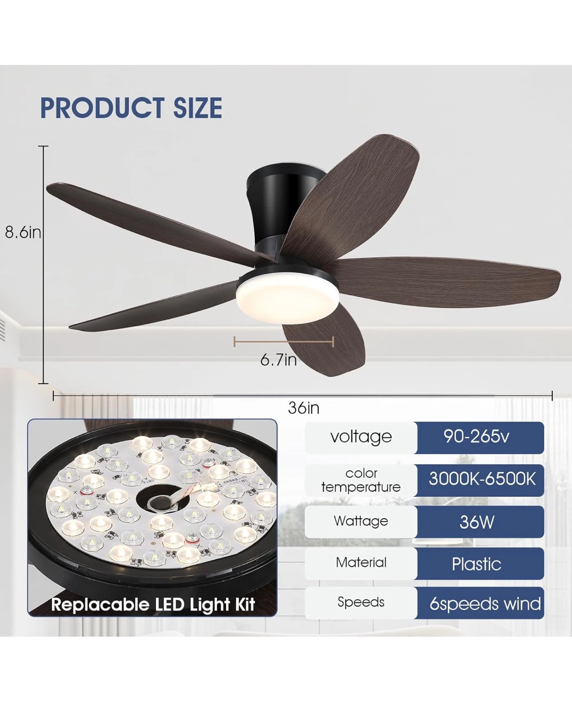 36in Low Profile Ceiling Fan with Light CFL36 - photo 2