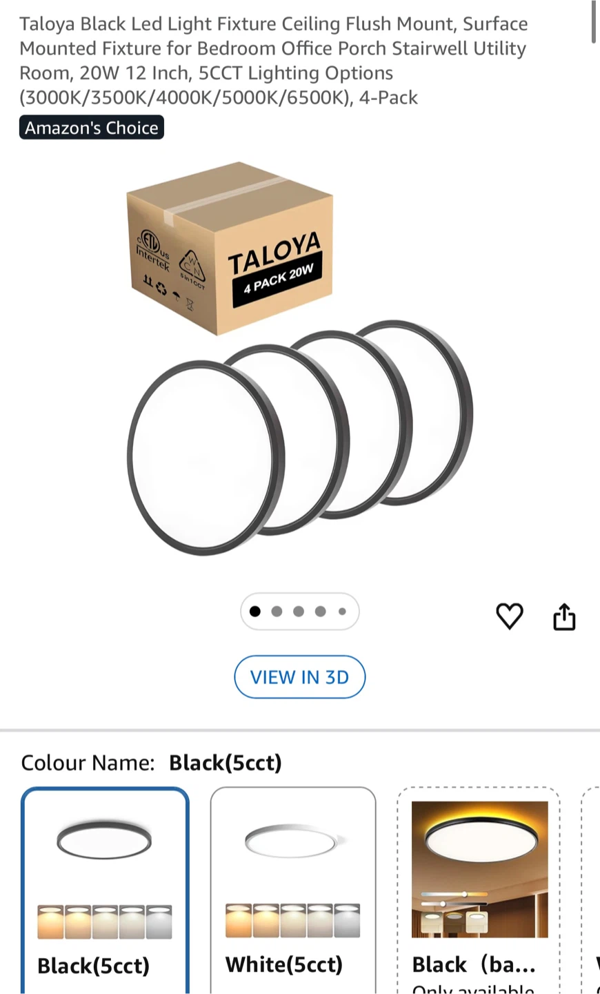 Black LED Flush Mount Ceiling Light Fixture 4pk 12 Inch 20W 5CCT