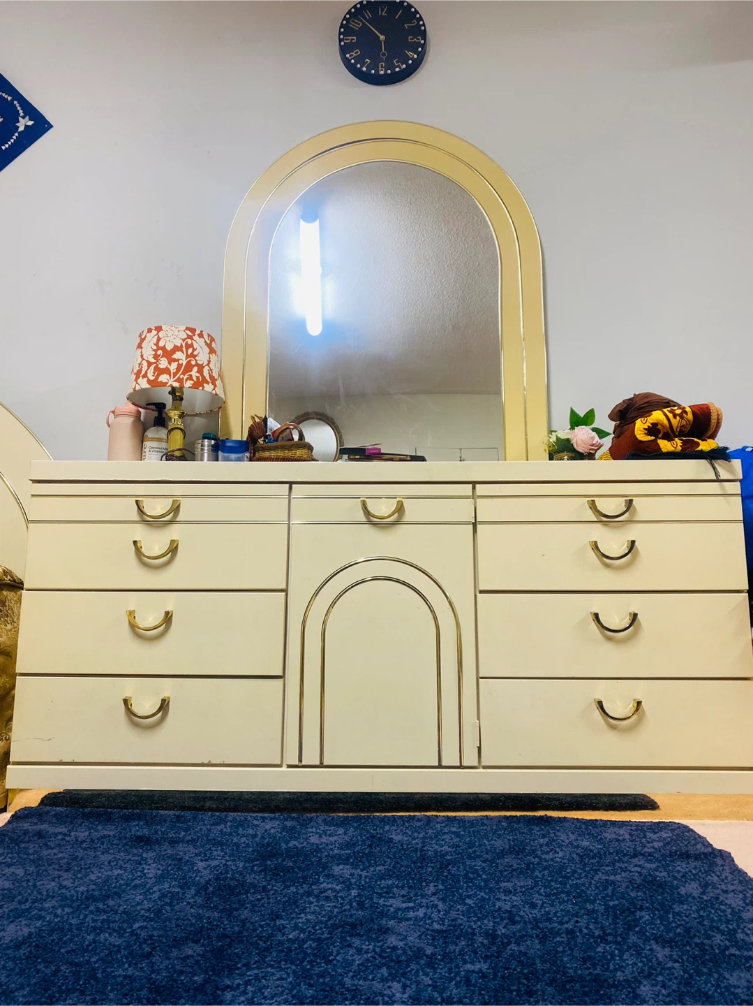 Cream Dresser w/ Mirror + Headboard Gold Trim Bedroom Set - photo 2