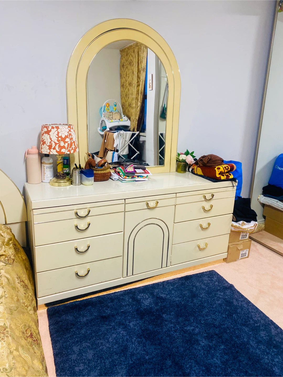 Cream Dresser w/ Mirror + Headboard Gold Trim Bedroom Set
