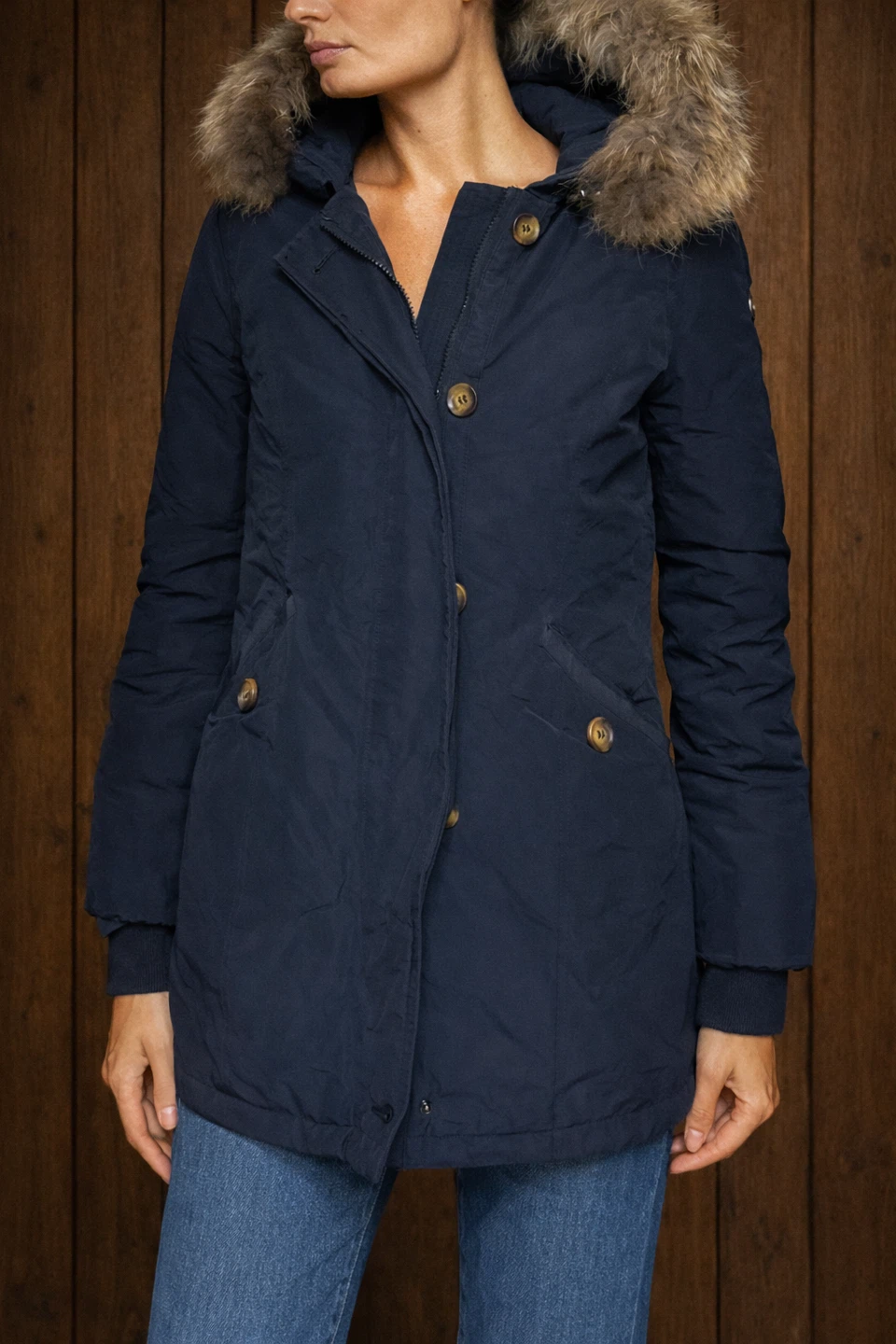 Navy Blue Hooded Parka Jacket with Real Fur Trim
