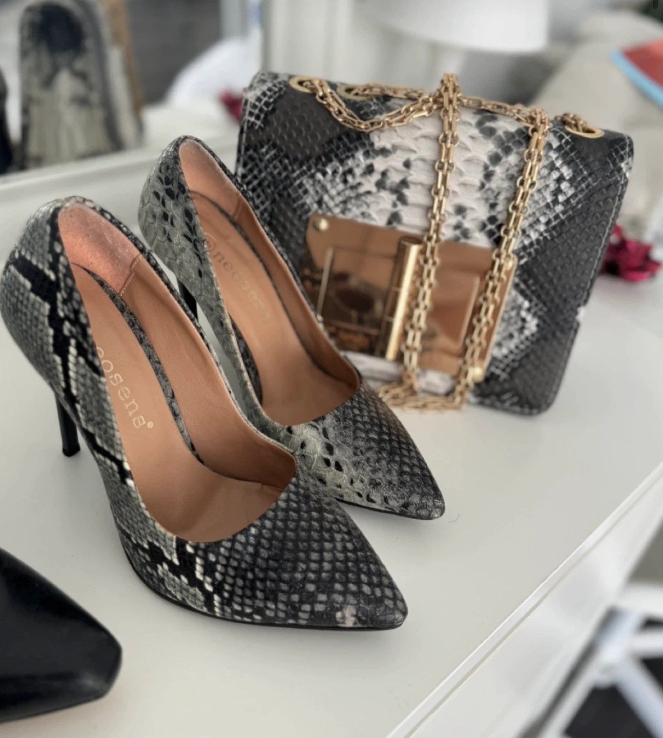 Neosens Snake Print Heels & Matching Handbag