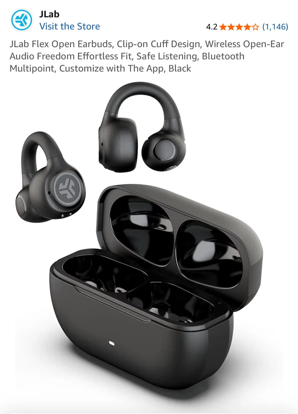 JLab Flex Open Earbuds, Wireless, Black