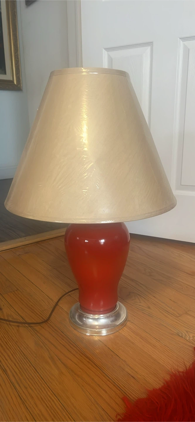 White and Red Ceramic Table Lamps with Beige Shade