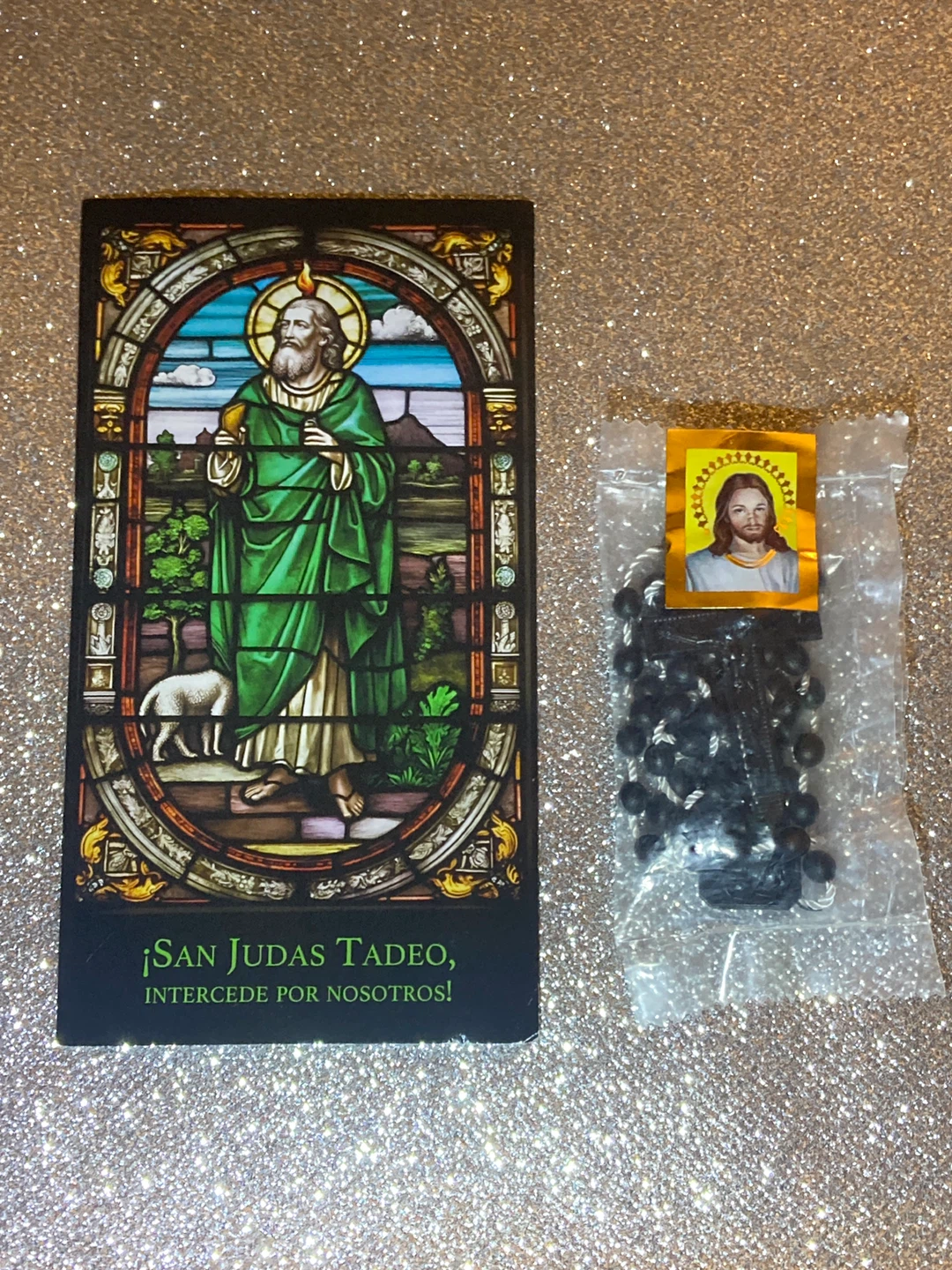 Black Color Rosary With Religious Prayer Card