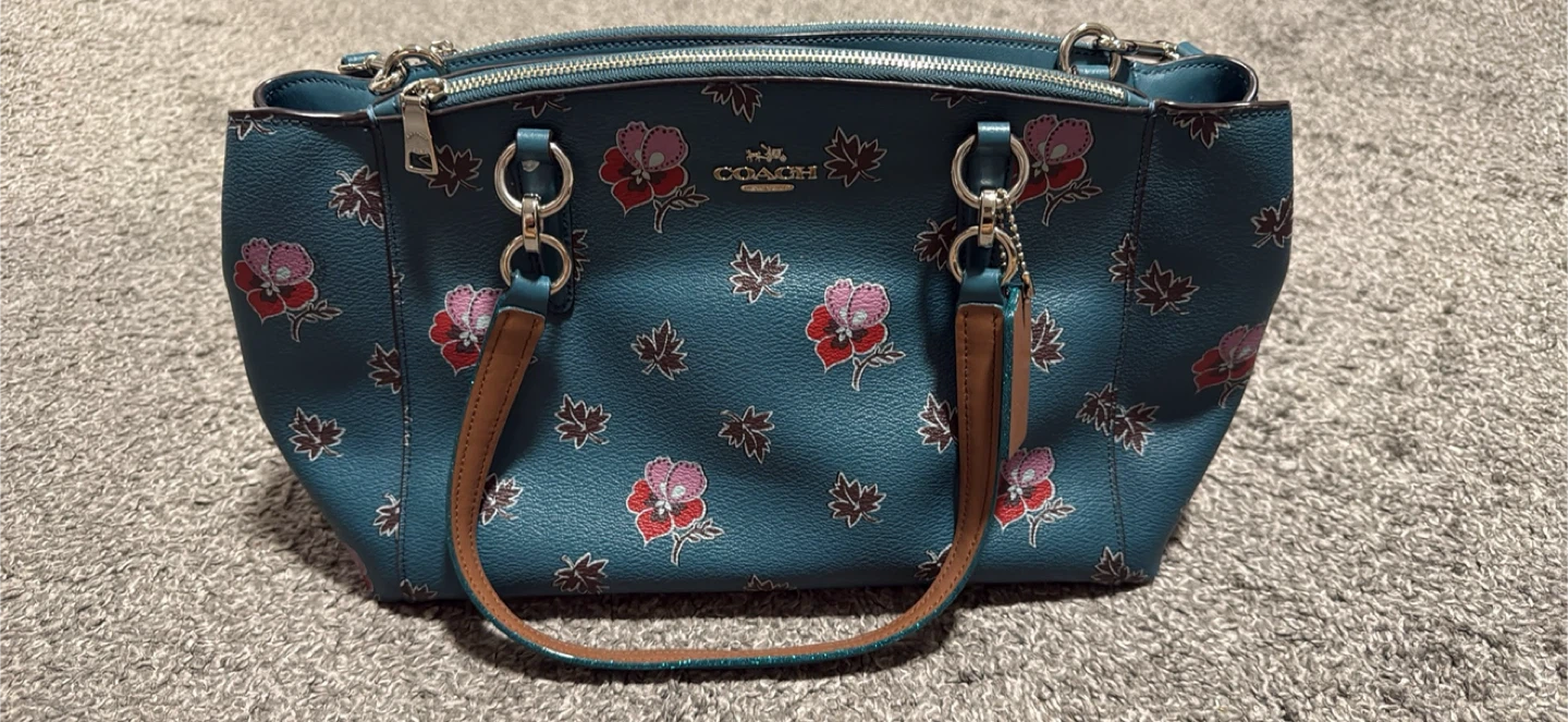 Coach Teal Floral Print Leather Satchel Handbag