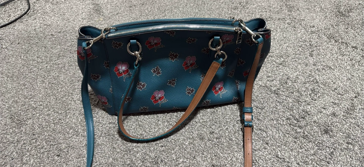 Coach Teal Floral Print Leather Satchel Handbag - photo 2
