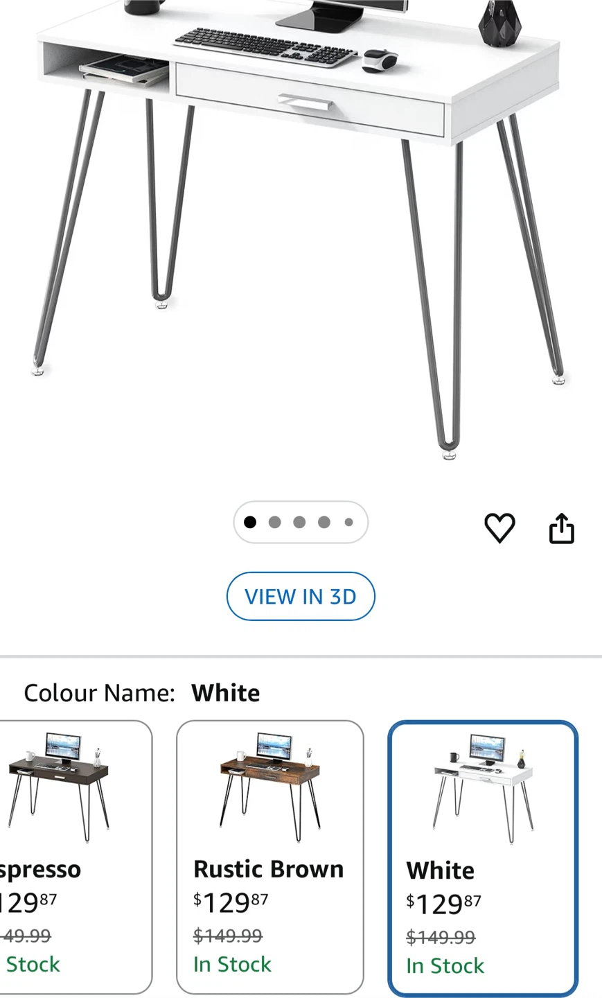 SHW Home Office Desk with Drawer, Hairpin Leg, White - photo 2