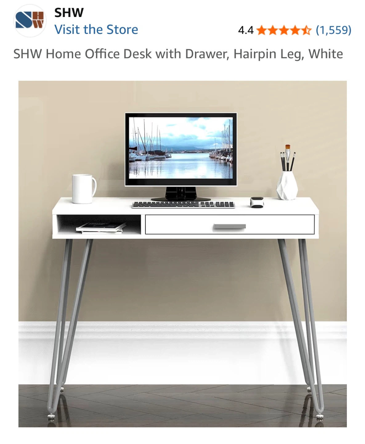 SHW Home Office Desk with Drawer, Hairpin Leg, White - photo 3