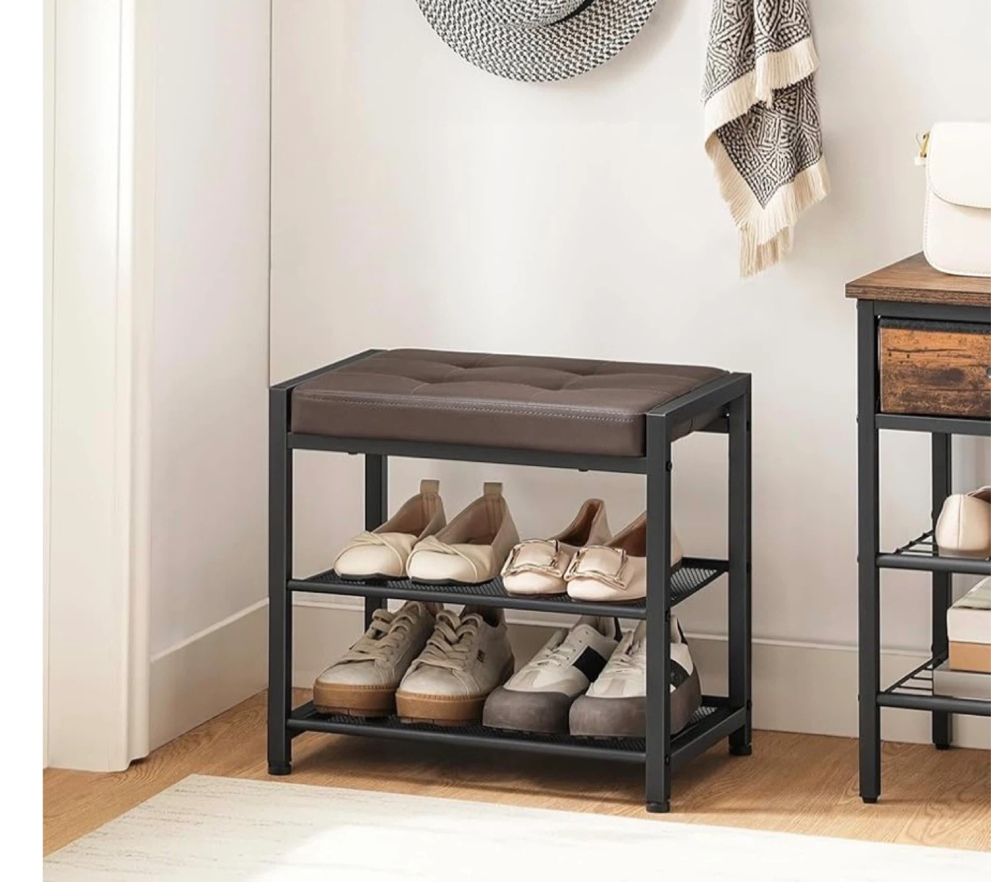 Brown Faux Leather Storage Bench with Shoe Rack