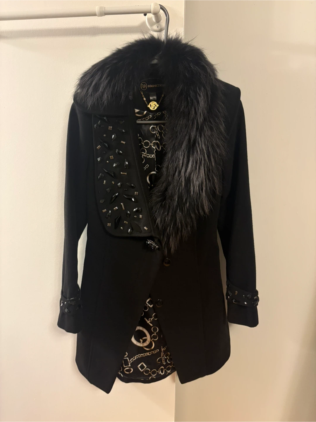 Black Coat with Faux Fur Collar and Embellishments