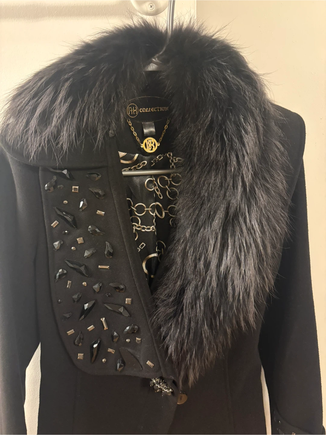 Black Coat with Faux Fur Collar and Embellishments - photo 2