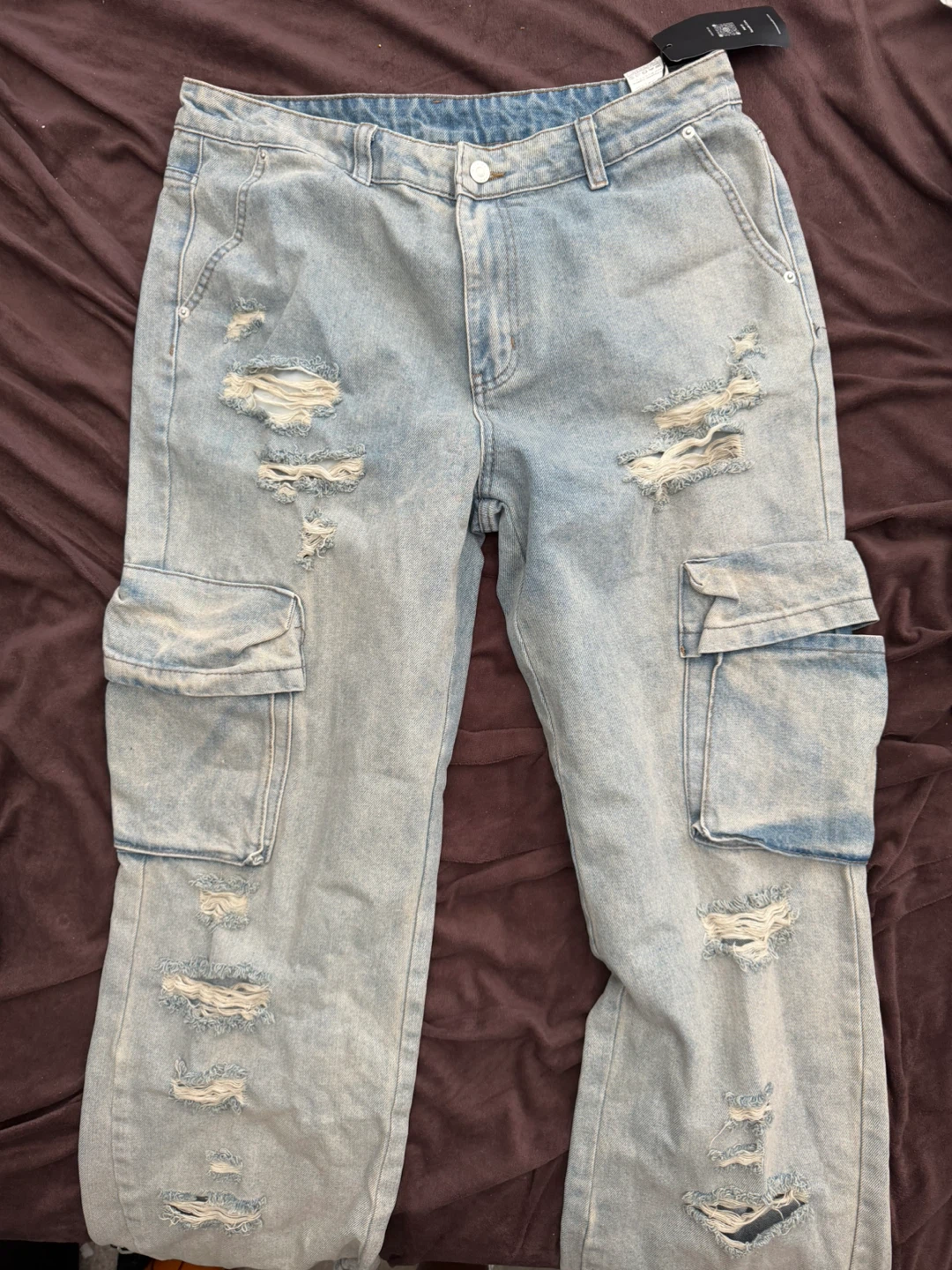 Light Wash Distressed Cargo Jeans